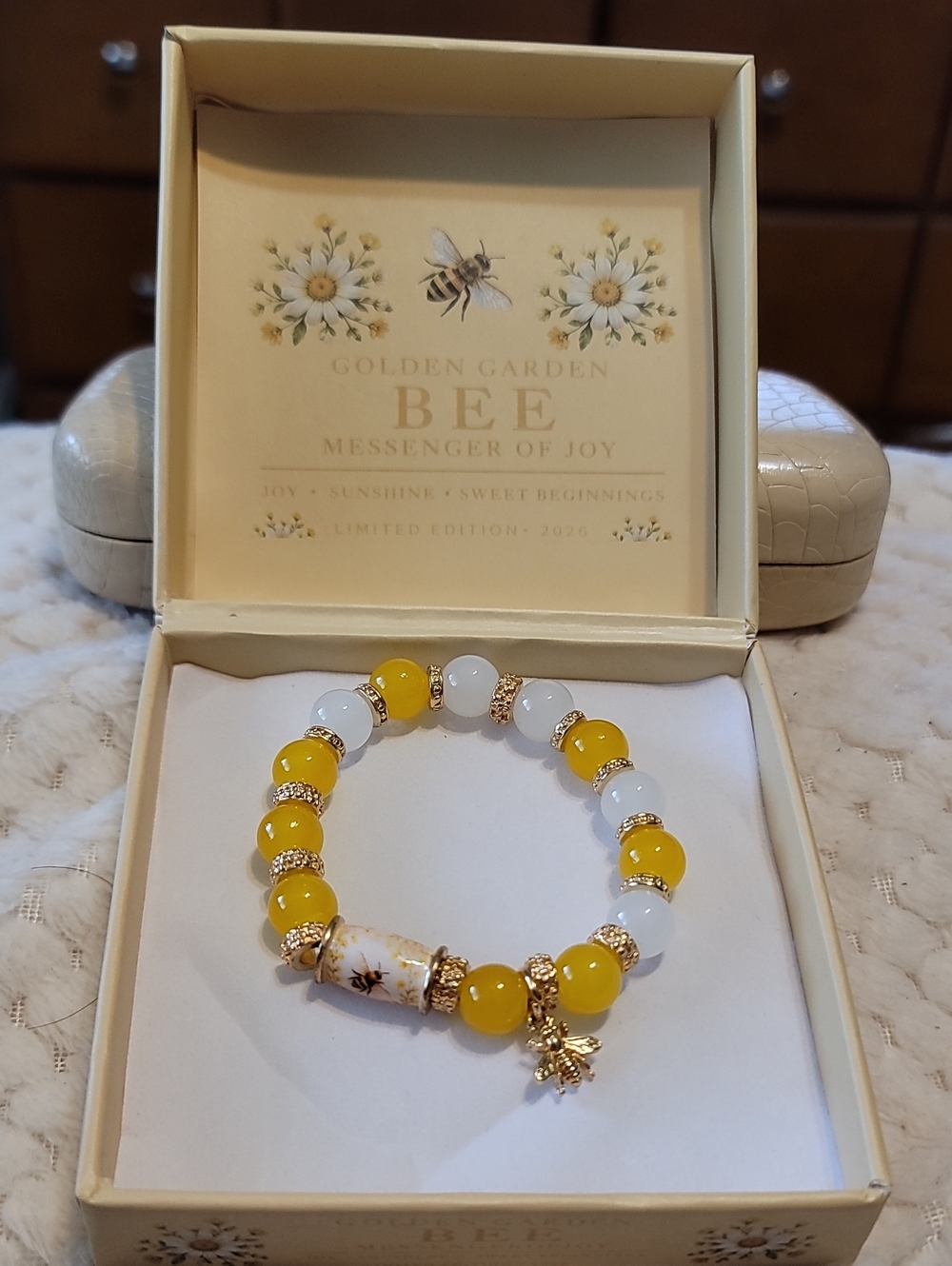 Bee, Yellow Bead Stretch Bracelet with Gold Accents  With Box